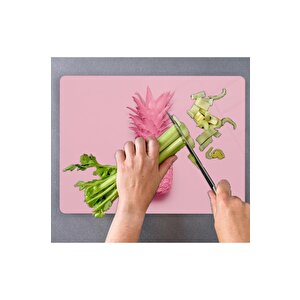 20x30 Cm Cam Kesme Tahtası Pembe Ananas Desenli