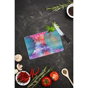 20x30 Cm Cam Kesme Tahtası Mavi Kırmızı Mandala Desenli