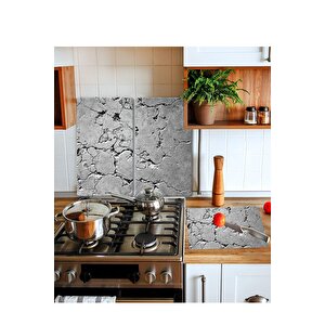 Takım Halinde Gri Taş Mermer 20x30 Cm Kesme Tablası Ve 2'li 30x52 Cm Cam Ocak Koruyucu 4'lü Ocaklar