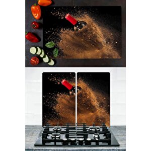 Takım Halinde Kum Şarabı 20x30 Cm Kesme Tablası Ve 2'li 30x52 Cm Cam Ocak Koruyucu 4'lü Ocaklar