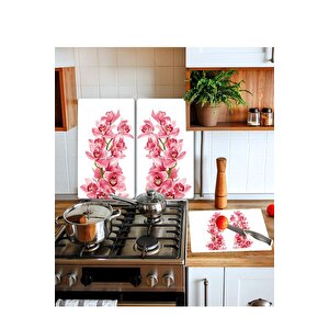 Takım Halinde Pembe Orkide 20x30 Cm Kesme Tablası Ve 2'li 30x52 Cm Cam Ocak Koruyucu 4'lü Ocaklar