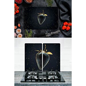 Takım Halinde Altın Çilek 20x30 Cm Kesme Tablası Ve 2'li 30x52 Cm Cam Ocak Koruyucu 4'lü Ocaklar