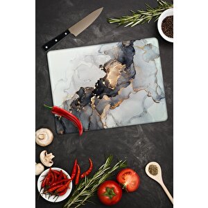 20x30 Cm Cam Kesme Tahtası Siyah Yaldızlı Mermer