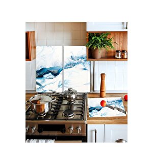 Takım Halinde Mavi Deniz 20x30 Cm Kesme Tablası Ve 2'li 30x52 Cm Cam Ocak Koruyucu 4'lü Ocaklar