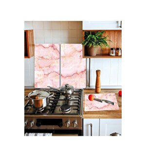 Takım Halinde Pembe Mermer 20x30 Cm Kesme Tablası Ve 2'li 30x52 Cm Cam Ocak Koruyucu 4'lü Ocaklar