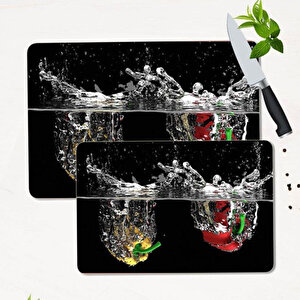 2' Li Takım 30x40 Cm Ve 20x30 Cm Biber Ve Su Desenli Cam Kesim Tablası Ve Ocak Koruma