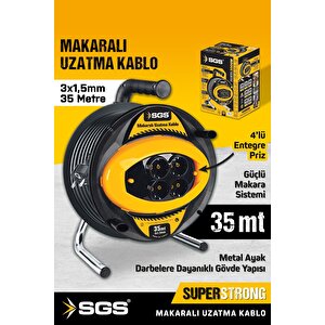 Sgs2131 3x1,5mm 35 Metre Makaralı Uzatma Kablo Metal Ayaklı 4 Lü Priz