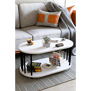 Modern Oval Orta Sehpa Çift Katlı Metal Ayaklı Salon, Ofis, Dekoratif Sehpa, Kahve Sehpası Beyaz
