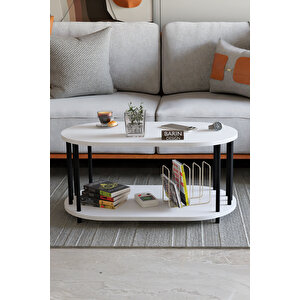 Modern Oval Orta Sehpa Çift Katlı Metal Ayaklı Salon, Ofis, Dekoratif Sehpa, Kahve Sehpası Beyaz
