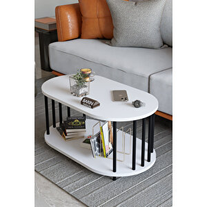 Modern Oval Orta Sehpa Çift Katlı Metal Ayaklı Salon, Ofis, Dekoratif Sehpa, Kahve Sehpası Beyaz