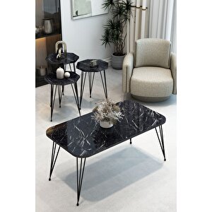 3'lü Sekizgen Zigon Sehpa Ve Dikdörtgen Orta Sehpa Takımı Modern Siyah Metal Ayaklı Salon Sehpa Seti