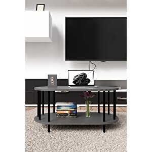 Modern Oval Orta Sehpa Çift Katlı Metal Ayaklı Salon, Ofis, Dekoratif Sehpa, Kahve Sehpası Antrasit