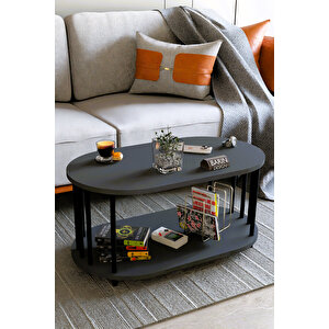 Modern Oval Orta Sehpa Çift Katlı Metal Ayaklı Salon, Ofis, Dekoratif Sehpa, Kahve Sehpası Antrasit