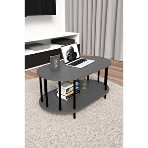 Modern Oval Orta Sehpa Çift Katlı Metal Ayaklı Salon, Ofis, Dekoratif Sehpa, Kahve Sehpası Antrasit