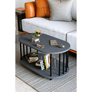 Modern Oval Orta Sehpa Çift Katlı Metal Ayaklı Salon, Ofis, Dekoratif Sehpa, Kahve Sehpası Antrasit