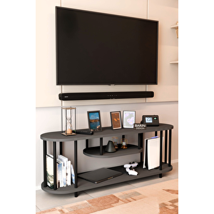 Modern Tv Ünitesi Ahşap Raflı 2 Katlı Televizyon Sehpası Minimalist, Dayanıklı, Fonksiyonel Tv Standı Antrasit