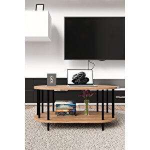 Modern Oval Orta Sehpa Çift Katlı Metal Ayaklı Salon, Ofis, Dekoratif Sehpa, Kahve Sehpası Atlantik Çam