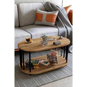 Modern Oval Orta Sehpa Çift Katlı Metal Ayaklı Salon, Ofis, Dekoratif Sehpa, Kahve Sehpası Atlantik Çam