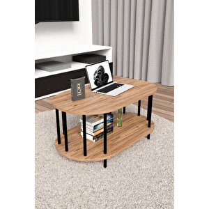 Modern Oval Orta Sehpa Çift Katlı Metal Ayaklı Salon, Ofis, Dekoratif Sehpa, Kahve Sehpası Atlantik Çam