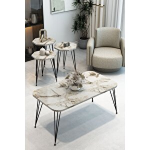 3'lü Sekizgen Zigon Sehpa Ve Dikdörtgen Orta Sehpa Takımı Modern Siyah Metal Ayaklı Salon Sehpa Seti Beyaz Mermer