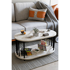 Modern Oval Orta Sehpa Çift Katlı Metal Ayaklı Salon, Ofis, Dekoratif Sehpa, Kahve Sehpası Beyaz Mermer
