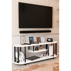 Modern Tv Ünitesi Ahşap Raflı 2 Katlı Televizyon Sehpası Minimalist, Dayanıklı, Fonksiyonel Tv Standı Beyaz