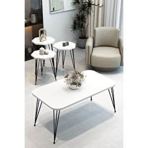 3'lü Sekizgen Zigon Sehpa Ve Dikdörtgen Orta Sehpa Takımı Modern Siyah Metal Ayaklı Salon Sehpa Seti Beyaz