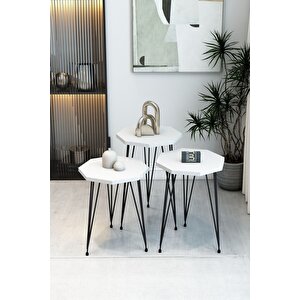 3'lü Sekizgen Zigon Sehpa Ve Dikdörtgen Orta Sehpa Takımı Modern Siyah Metal Ayaklı Salon Sehpa Seti Beyaz