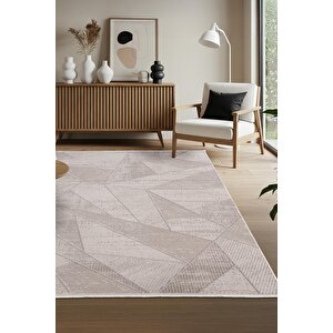 Leon Ln003k Bej Halı Modern Desen Pamuk Taban Akrilik Tozuaz Salon Yatak Odası Koridor Halısı 80x300 cm