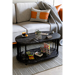 Modern Oval Orta Sehpa Çift Katlı Metal Ayaklı Salon, Ofis, Dekoratif Sehpa, Kahve Sehpası Siyah Mermer
