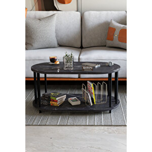 Modern Oval Orta Sehpa Çift Katlı Metal Ayaklı Salon, Ofis, Dekoratif Sehpa, Kahve Sehpası Siyah Mermer