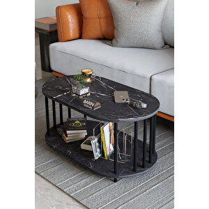Modern Oval Orta Sehpa Çift Katlı Metal Ayaklı Salon, Ofis, Dekoratif Sehpa, Kahve Sehpası Siyah Mermer