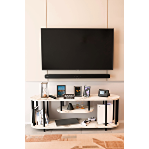 Modern Tv Ünitesi Ahşap Raflı 2 Katlı Televizyon Sehpası Minimalist, Dayanıklı, Fonksiyonel Tv Standı Beyaz Mermer