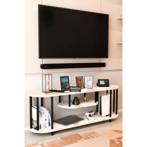 Modern Tv Ünitesi Ahşap Raflı 2 Katlı Televizyon Sehpası Minimalist, Dayanıklı, Fonksiyonel Tv Standı Beyaz Mermer