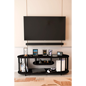 Modern Tv Ünitesi Ahşap Raflı 2 Katlı Televizyon Sehpası Minimalist, Dayanıklı, Fonksiyonel Tv Standı Siyah Mermer