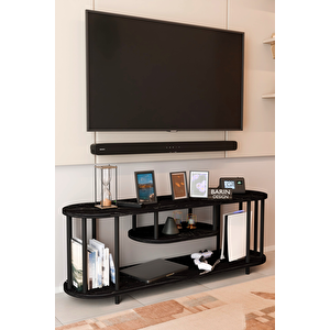 Modern Tv Ünitesi Ahşap Raflı 2 Katlı Televizyon Sehpası Minimalist, Dayanıklı, Fonksiyonel Tv Standı Siyah Mermer