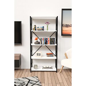 5 Geniş Raflı Kitaplık Metal Çerçeveli Modern Raf Çalışma Odası Ofis Salon Kitaplığı Evrak Rafı Beyaz