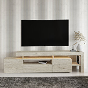 T0014 Led Işıklı Tv Sehpası, Tv Ünitesi, Traverten Açık Bej