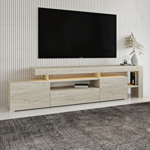 T0014 Led Işıklı Tv Sehpası, Tv Ünitesi, Traverten Açık Bej