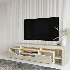 T0014 Led Işıklı Tv Sehpası, Tv Ünitesi, Traverten Açık Bej
