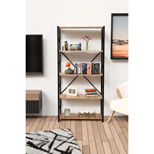5 Geniş Raflı Kitaplık Metal Çerçeveli Modern Raf Çalışma Odası Ofis Salon Kitaplığı Evrak Rafı Atlantik Çam