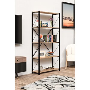 5 Geniş Raflı Kitaplık Metal Çerçeveli Modern Raf Çalışma Odası Ofis Salon Kitaplığı Evrak Rafı Atlantik Çam