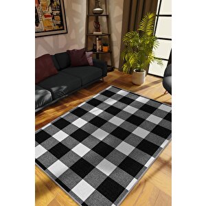 En İyi Hayatını Yaşa Siyah Beyaz Geometrik Oturma Odası Halısı Modern Kareli Salon Halısı 100x150 cm