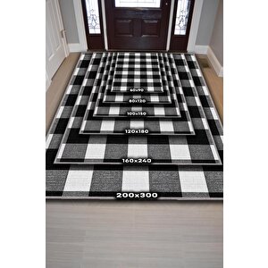 Homshtag En İyi Hayatını Yaşa Siyah Beyaz Geometrik Oturma Odası Halısı Modern Kareli Salon Halısı