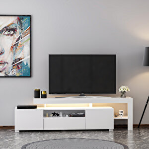 T0014 Led Işıklı Tv Sehpası, Tv Ünitesi, Beyaz Beyaz