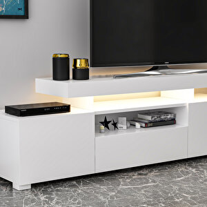 T0014 Led Işıklı Tv Sehpası, Tv Ünitesi, Beyaz Beyaz