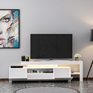 T0014 Led Işıklı Tv Sehpası, Tv Ünitesi, Beyaz Beyaz