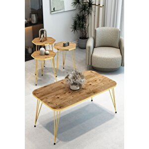 3'lü Sekizgen Zigon Sehpa Ve Dikdörtgen Orta Sehpa Takımı Modern Gold Metal Ayaklı Salon Sehpa Seti Atlantik Çam