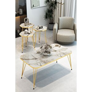 3'lü Sekizgen Zigon Sehpa Ve Dikdörtgen Orta Sehpa Takımı Modern Gold Metal Ayaklı Salon Sehpa Seti Beyaz Mermer
