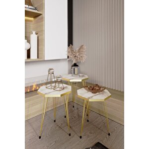 3'lü Sekizgen Zigon Sehpa Ve Dikdörtgen Orta Sehpa Takımı Modern Gold Metal Ayaklı Salon Sehpa Seti Beyaz Mermer